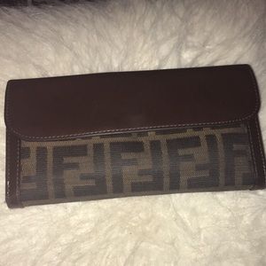 Authentic Fendi Leather Trimmed Zucca Brown Wallet
